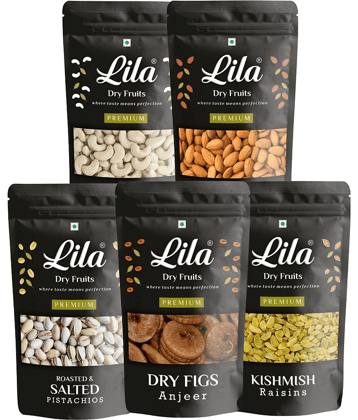 Lila Dry Fruits Combo Pouch Pack 1Kg (5x200g) American Almond, Afghani Anjeer, Cashew, Raisin, Pista
