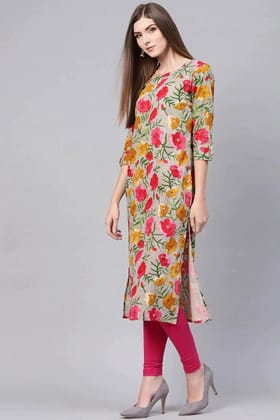 Printed Grey Cotton Blend Fabric Kurti VCK1131