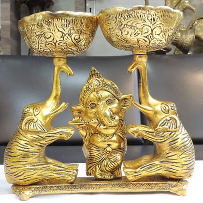 Aluminium Showpiece Double Bowl With Ganesh & Elephant, Height : 8.5 Inch (ASMAS509 G)