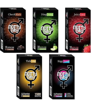 NottyBoy Mixed Variety, 1500 Dots, Chocolate, Strawberry, Fruit Flavour and 4IN1 Ribbed, Contour, Long Time Condoms - 50 Units