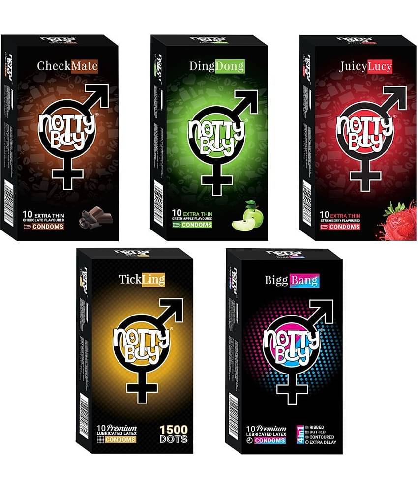 NottyBoy Mixed Variety, 1500 Dots, Chocolate, Strawberry, Fruit Flavour and 4IN1 Ribbed, Contour, Long Time Condoms - 50 Units
