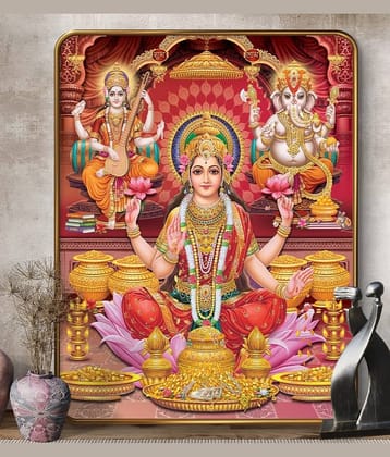 saf Hindu Devotional Wall Art Print, Lakshmi Saraswati Ganesha Digital Reprint 14 inch x 11 inch Painting (With Frame)
