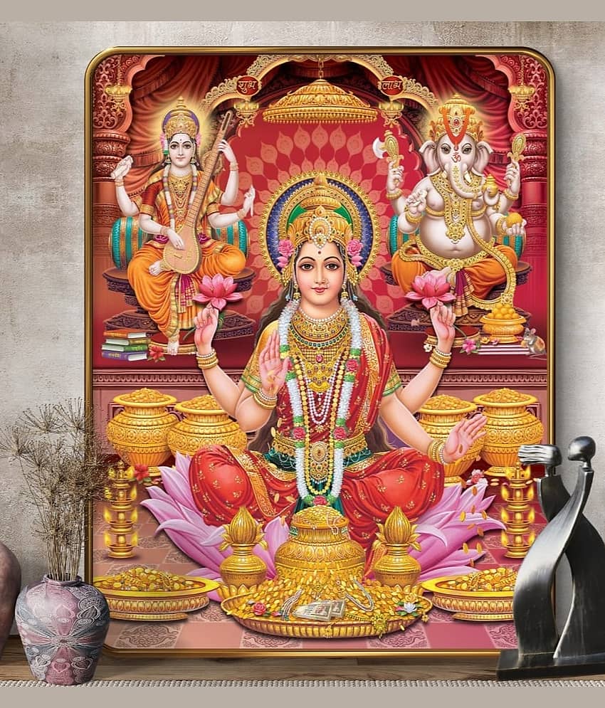 saf Hindu Devotional Wall Art Print, Lakshmi Saraswati Ganesha Digital Reprint 14 inch x 11 inch Painting (With Frame)