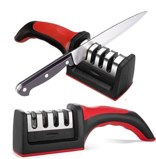 4 in 1 Kitchen Knife Sharpener, Stainless Steel, Ergonomic Handle, Non-Slip Base, Coarse Medium Fine Honing Slots, Scissors Sharpening, Red and Black