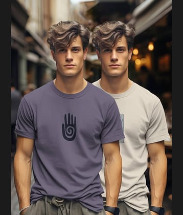 BULLMER Men Cotton Blend Regular Fit Trendy Printed Crew Neck_Round Neck Half Sleeve Tshirt - Pack of 2_Purple_Beige