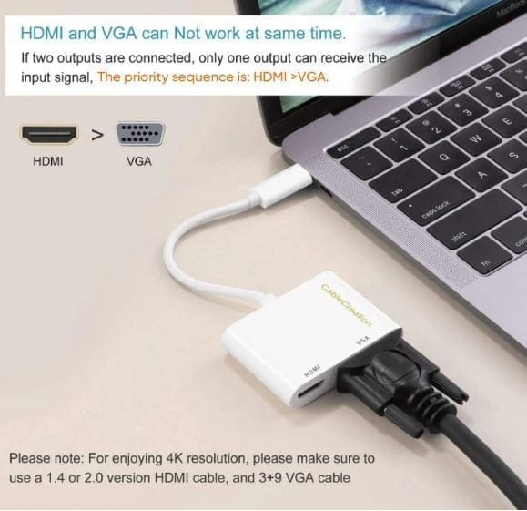 Type-C TO HDMI + VGA, USB C to HDMI 4K+VGA Adapter (Thunderbolt 3 Compatible)