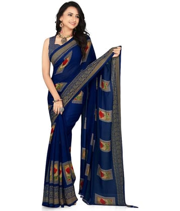 LEELAVATI Georgette Printed Saree With Unstitched Blouse Piece ( Navy Blue )