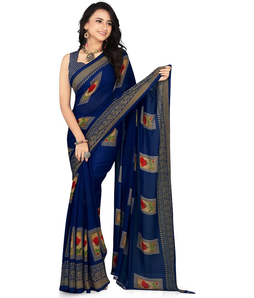LEELAVATI Georgette Printed Saree With Unstitched Blouse Piece ( Navy Blue )