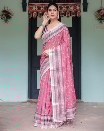 Pink and Beige Floral Printed Pure Cotton Linen Saree with Striped Blouse and Tassels on Edges-Regular