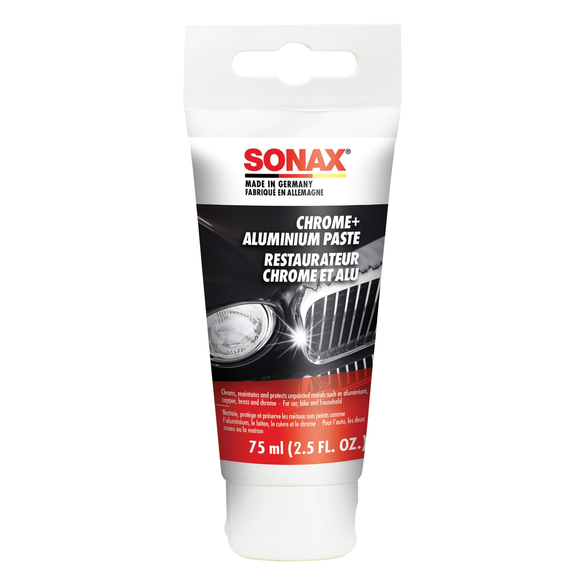 SONAX Chrome & Aluminum Polishing Paste 75ml | Rust Remover & Polisher for Aluminum, Copper, Brass, and Chrome | Restores Shine with Protective Film | Safe for Home Use