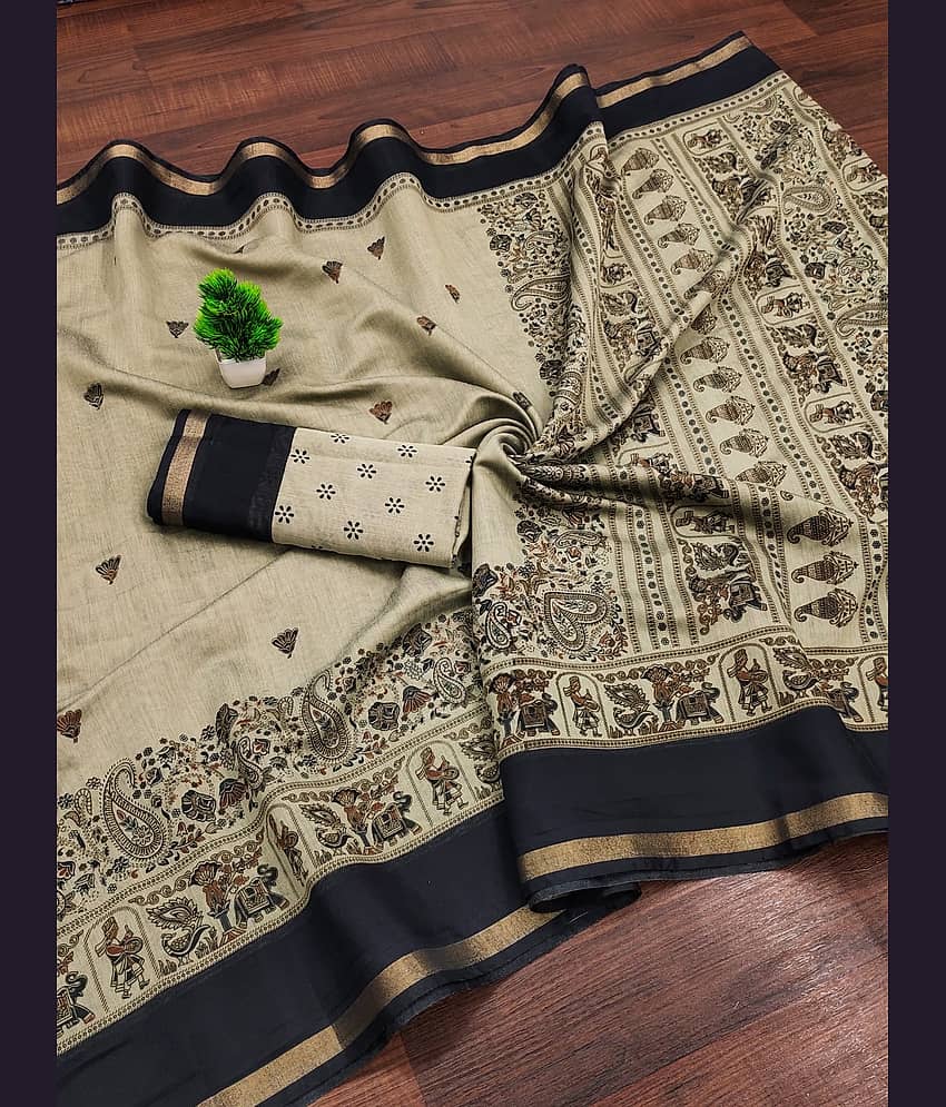 Sitanjali Cotton Printed Banarasi saree With Unstitched Blouse Piece ( BLACK )