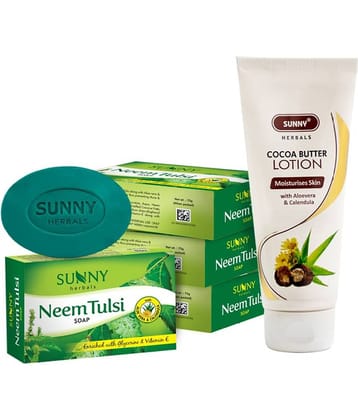 SUNNY HERBALS Cocoa Butter Body Lotion 100ml and Neem Tulsi Soap (75g*4)300 g