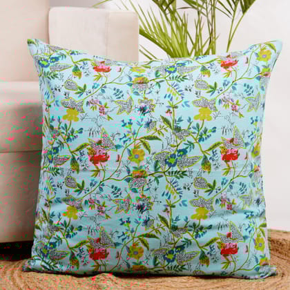 Floral cotton cushion cover both side print- Blue-12 x 12 inches