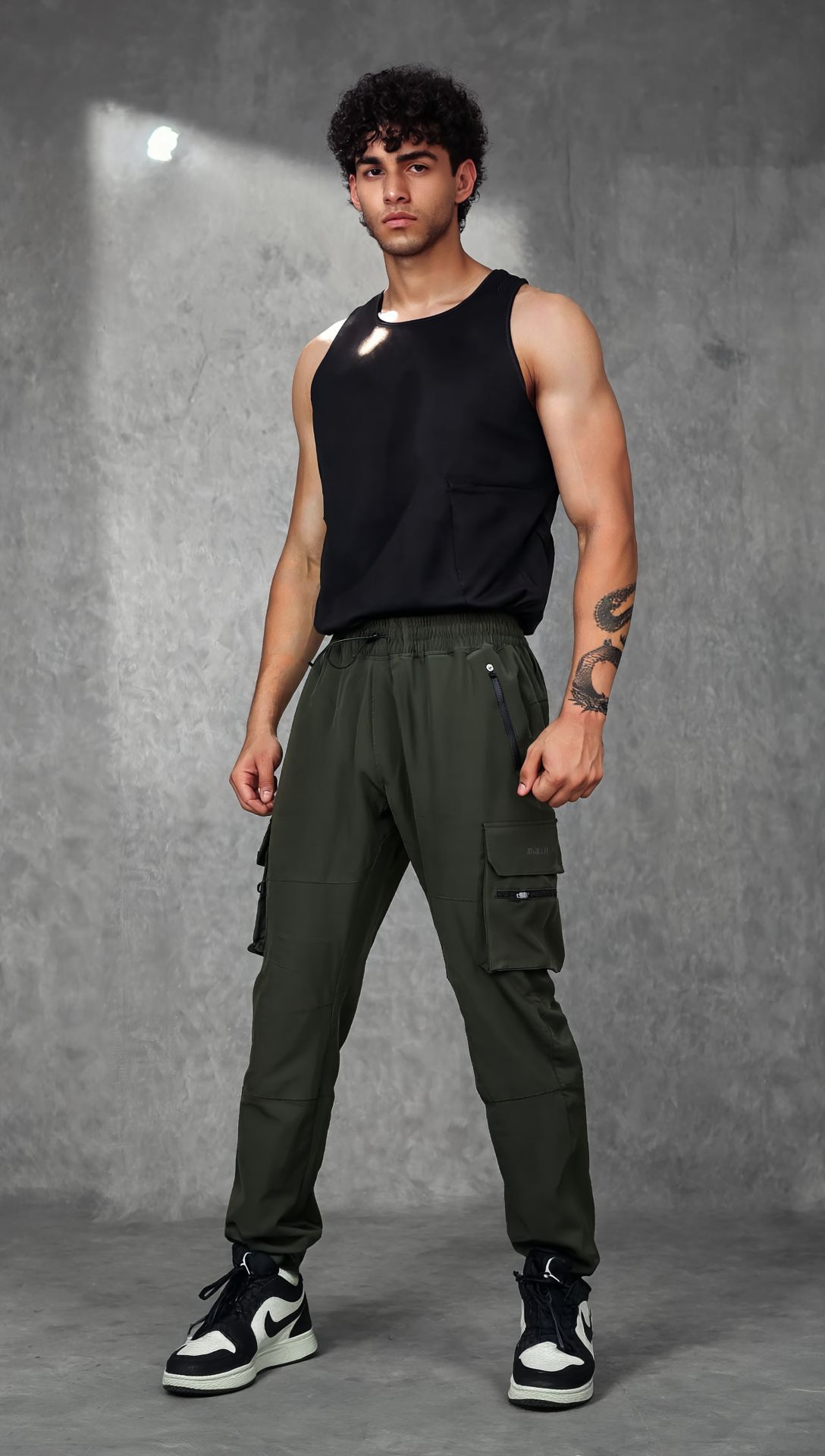 Muscle-Up Ribbed Tank - Black & Impact Woven Cargos - Olive-S