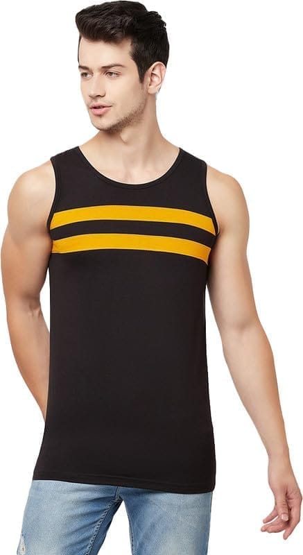 Men's Casual Colorblock Cotton Blend Round Neck Cut Sleeve T-Shirt (Black, 2XL)-PID47782