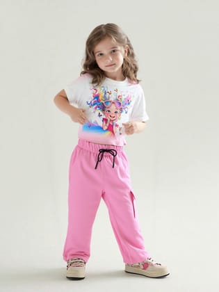 Girl's Baby Pink Cartoon Printed Co-Ord Set  [GCS-7615] (4-12 Years)-5-6Y (Size - 26) / Ribbed / Baby Pink