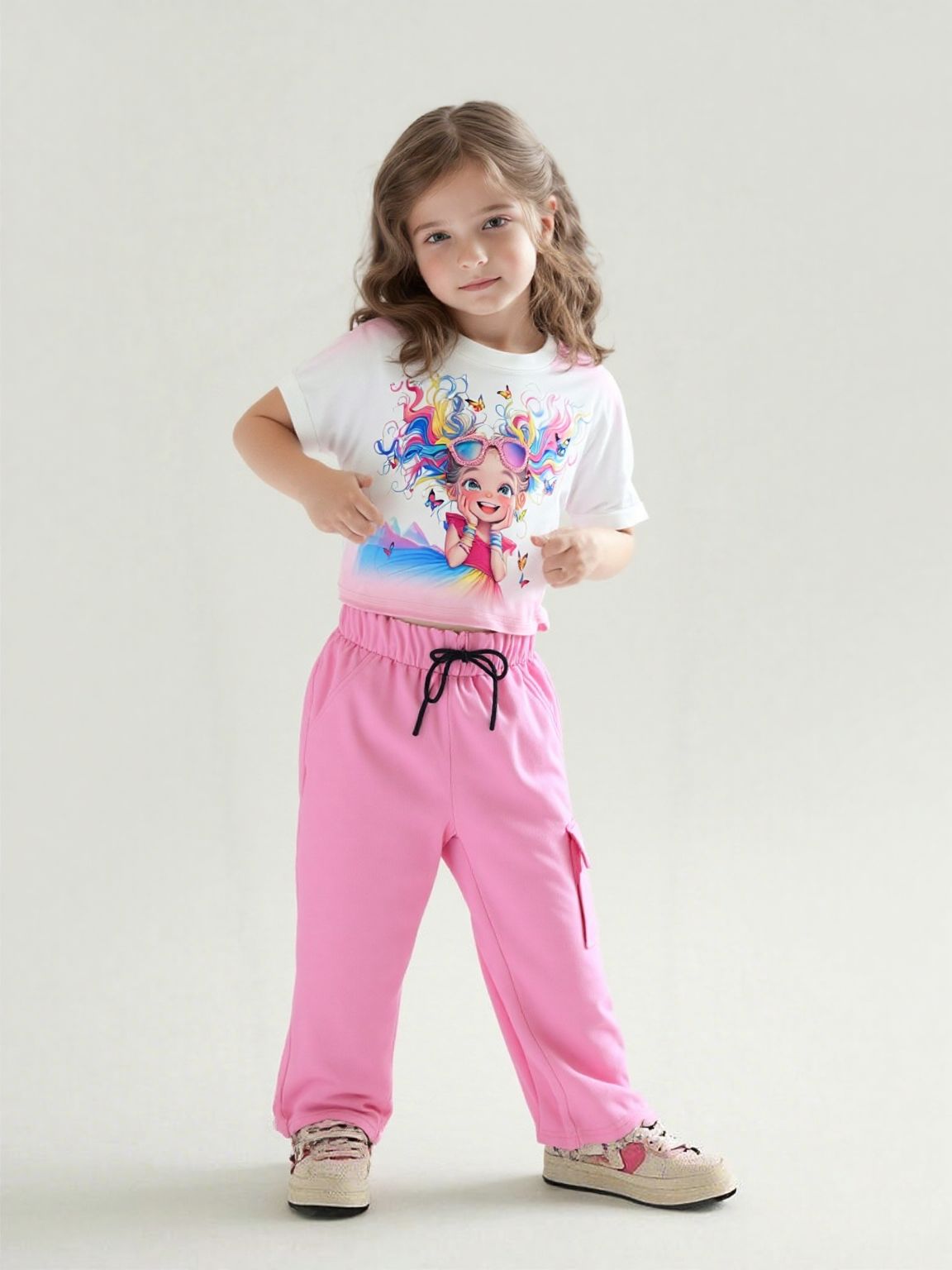 Girl's Baby Pink Cartoon Printed Co-Ord Set  [GCS-7615] (4-12 Years)-5-6Y (Size - 26) / Ribbed / Baby Pink