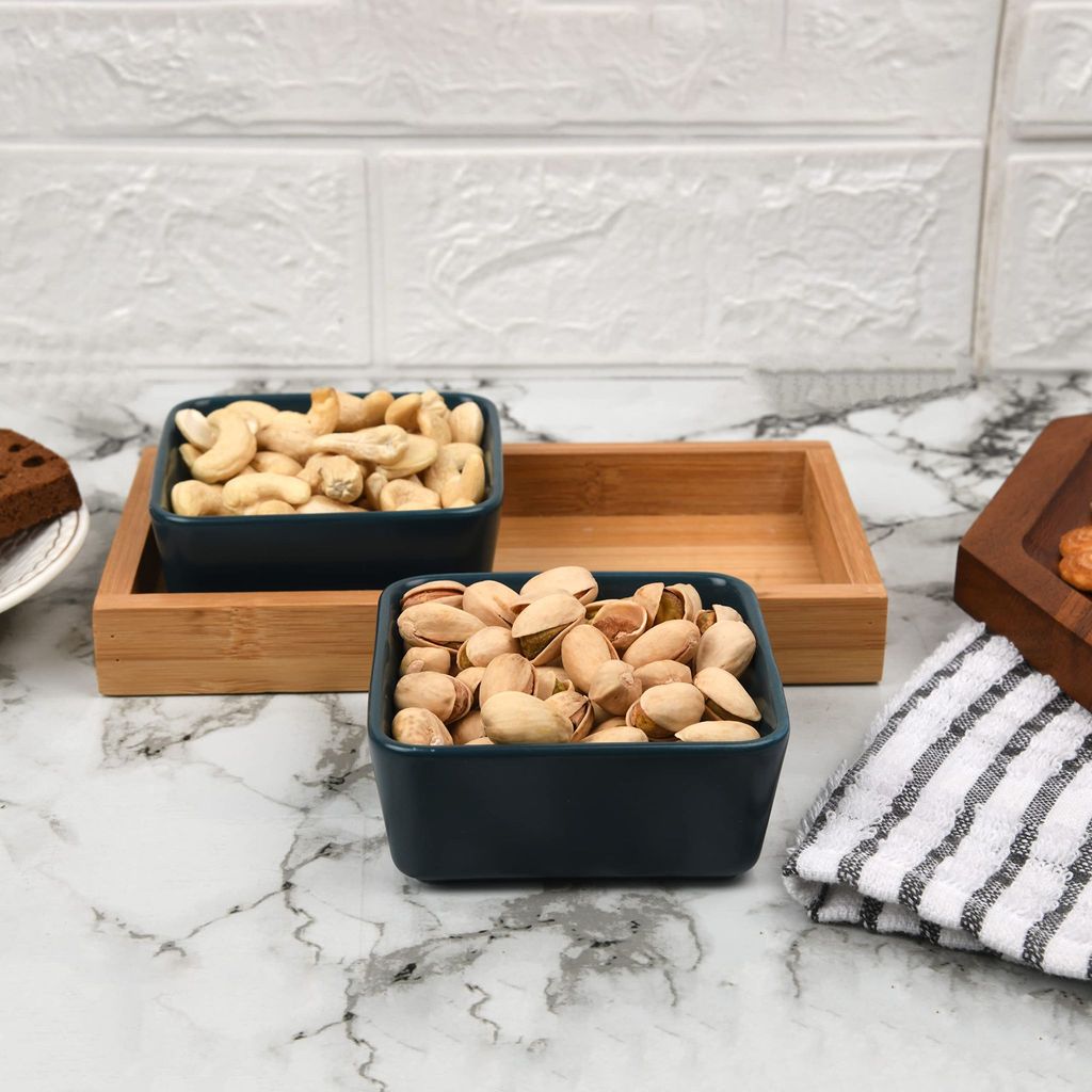 Femora Green Glossy Ceramic Bowls and Rectangular Serving Tray, 9 Units in Bundles, (Set of 6 Bowl, 3 Pcs Tray)