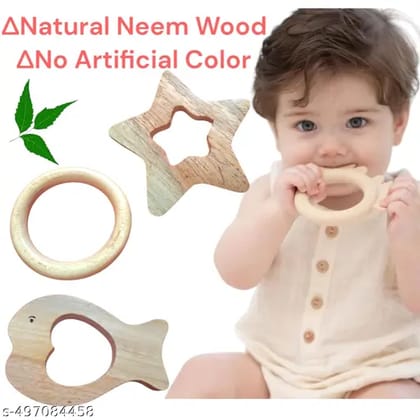 Natural Neem Wood Baby Teether Star(4inch +Fish 4inch+Ring7inch) No Artificial Color 100% Natural