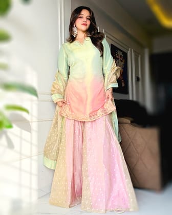Blush Mint Zari Tissue Kurta with Sharara and Dupatta - Set of 3-XXS / XXS