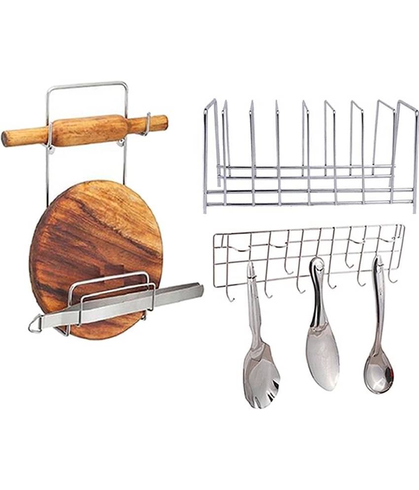 JISUN Stainless Steel Plate Stand / Dish Rack Steel & Chakla Belan Stand & Ladle Hook Rail / Wall Mounted Ladle Stand For Kitchen