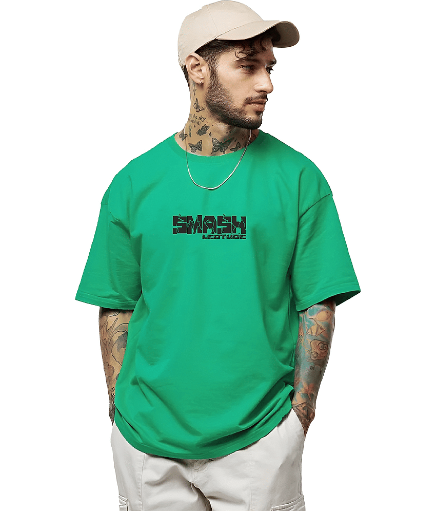 Leotude Men Cotton Blend Oversized Fit Printed T-Shirt ( Green )