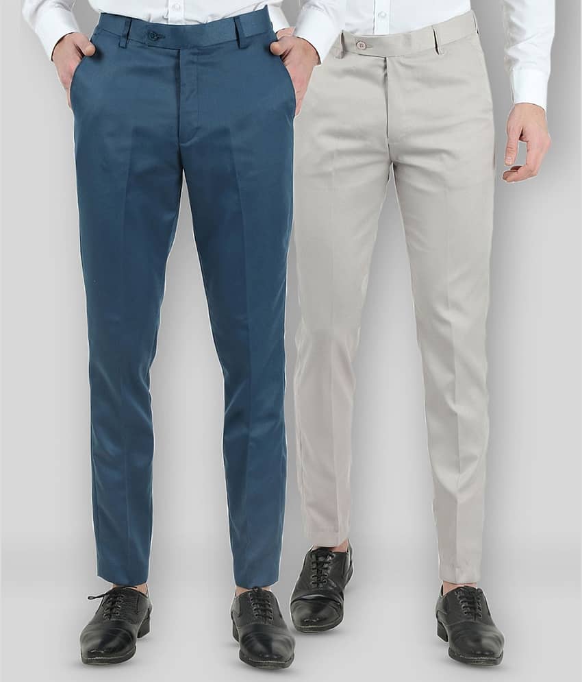 VEI SASTRE - Multicolor Cotton Blend Slim Fit Men's Formal Pants (Pack of 2)