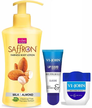 VI-JOHN Saffron Body Lotion Milk Almond 250ml, Petroleum Jelly 100ml & Lip Guard 10ml- Pack of 3