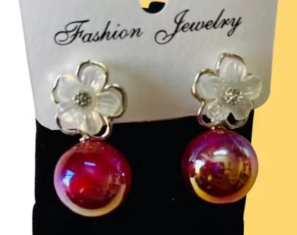 Kozykitt White Flower Pink Pearl Earrings for Women Girls Floral Enamel Pearl Drop Studs Silver Toned Western Style Lightweight Party Daily Wear Festive Gifting Jewellery