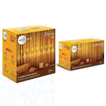 Wipro Garnet String Curtain Light & Diya Festive Light
