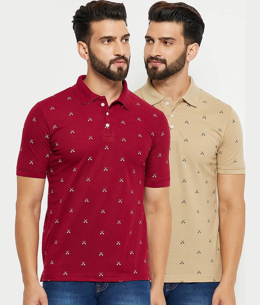 Emerald Pack of 2 Cotton Blend Regular Fit Printed Half Sleeves Men's Polo T Shirt ( Maroon )