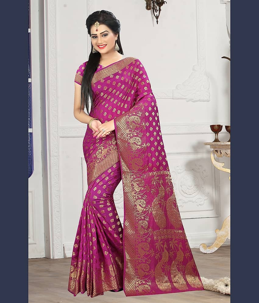 Gazal Fashions Silk Blend Printed Saree With Unstitched Blouse Piece ( Pink )