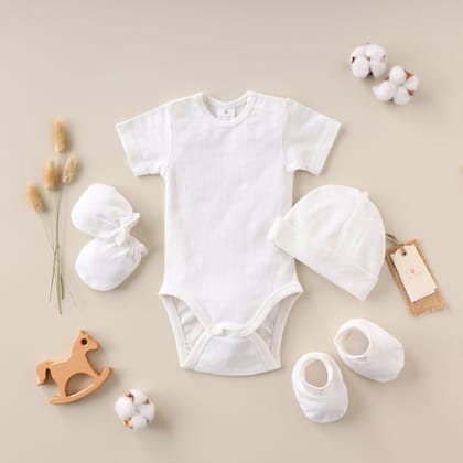 Poshaak Baby Bodysuit Set-Pearl White / 3-6 months with Cap Mittens and Booties