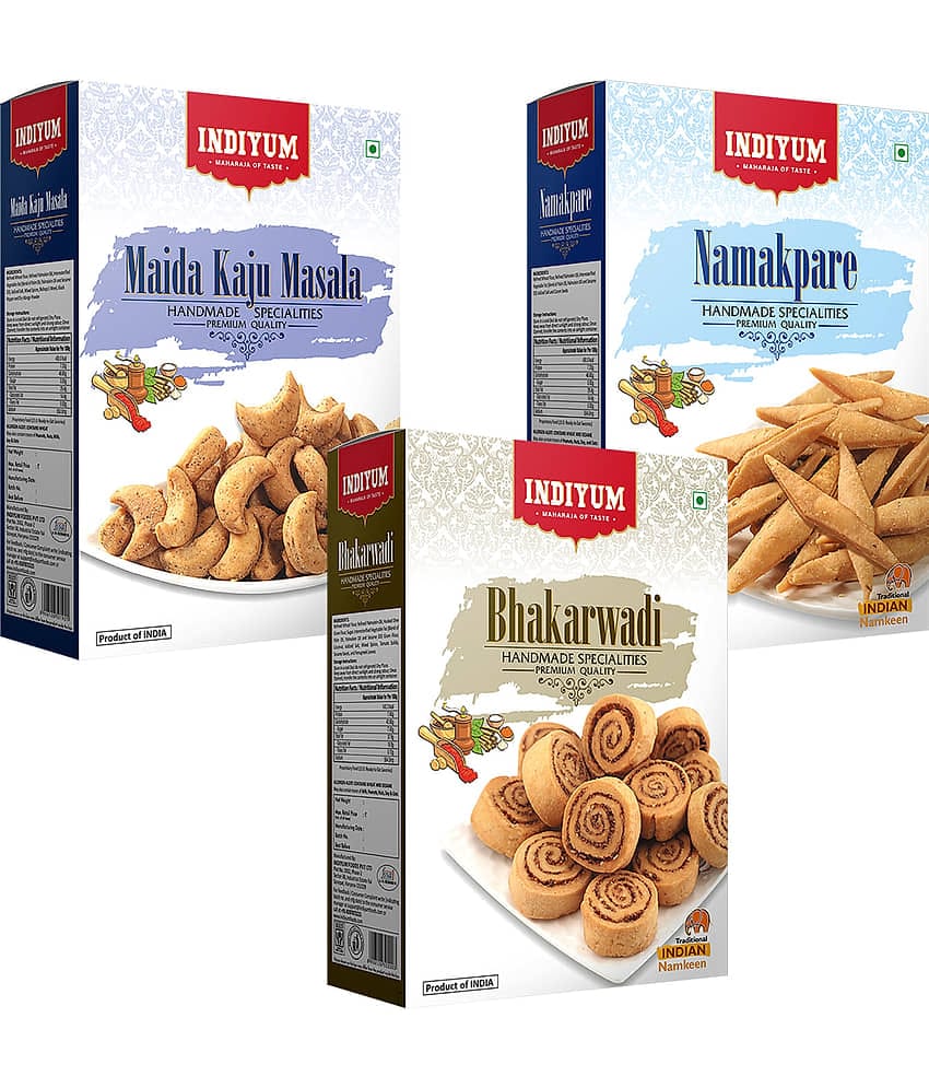 Indiyum Maida Namkeen Snacks Combo Maida Kaju Masala 400g Namakpare 300g Bakarwadi 300g