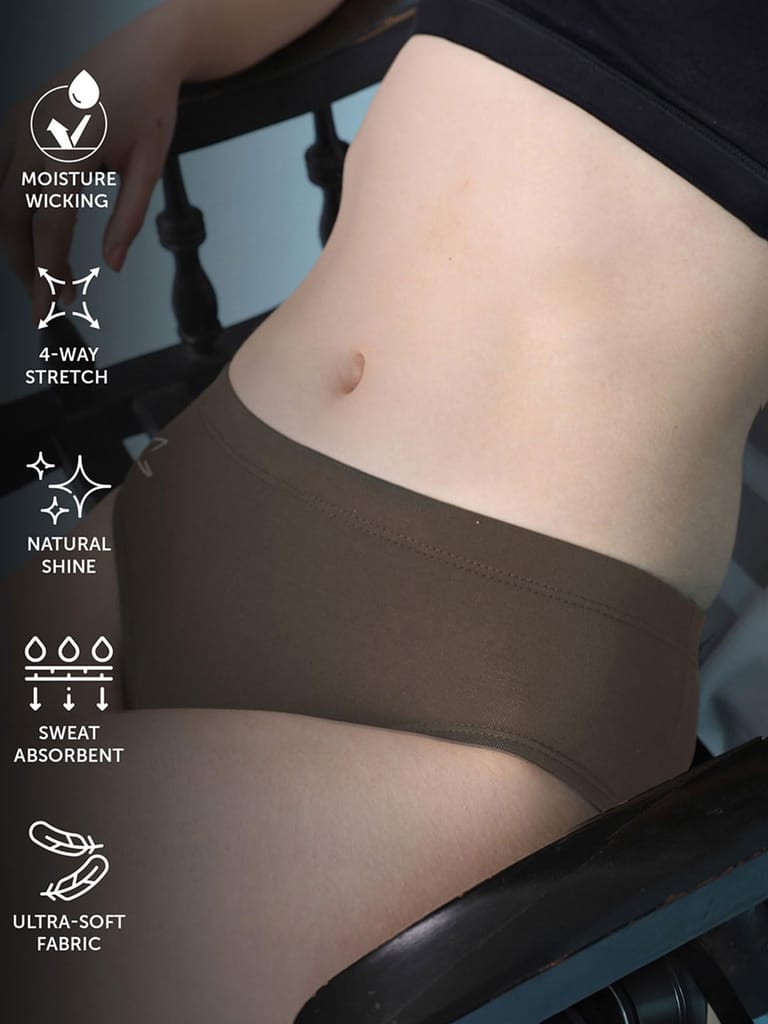 Freecultr Women’s Micromodal Mid-Rise Hipster | Super Soft & Breathable Fabric | Medium Rear Coverage | Comfortable Stretch Elastic | Pack of 3 |Color - Sable Black,Avocado Green,Coffee