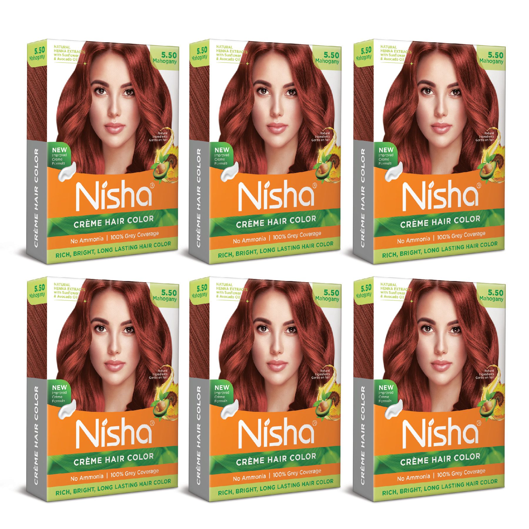 Nisha Creme Hair Color Mahogany 40gm Pack of 6, Permanent Hair Color for Women Men, No Ammonia, 100% Grey Coverage