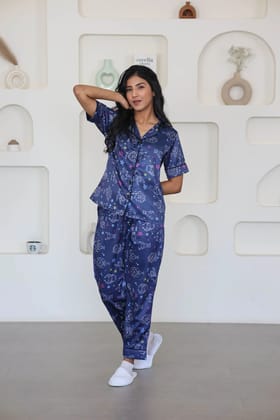 Night Wear Satin Teal Blue Color Horoscope Printed Night Suit-s