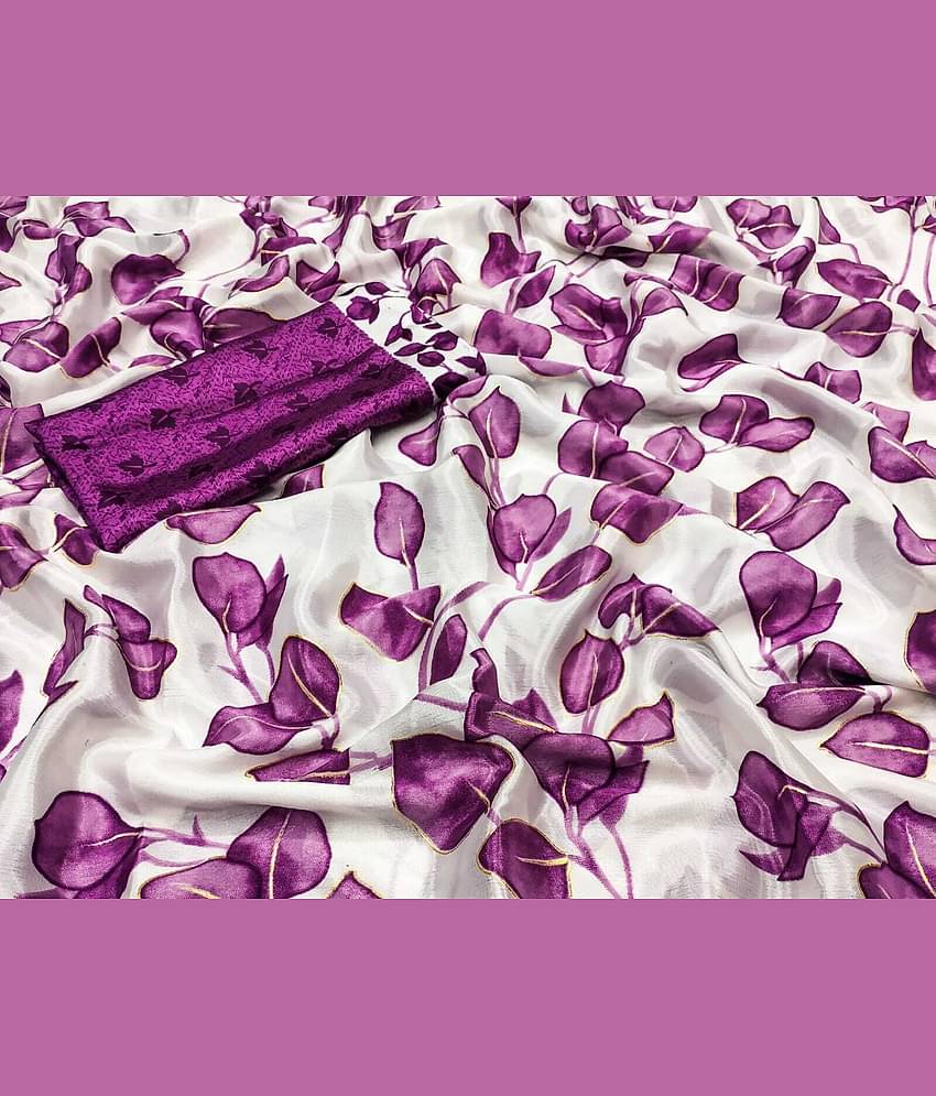 JIHANA FAB Art Silk Printed Saree With Unstitched Blouse Piece ( Purple )