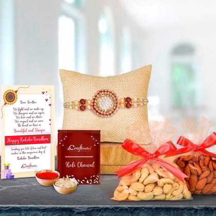 Designer Pearl Rakhi with Badam and Cashew (200 gm each, total 400 gm) and Roli Chawal Pack, Best Wishes Greeting Card