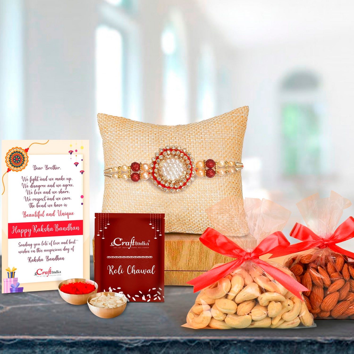 Designer Pearl Rakhi with Badam and Cashew (200 gm each, total 400 gm) and Roli Chawal Pack, Best Wishes Greeting Card