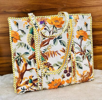 Handblock Printed Quilted Tote Bag with concealed zip ( 17x18x 6 inches)