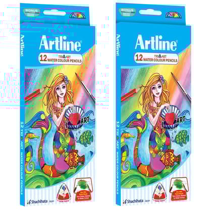 Artline Triart water colour Pencil Pack of 12 with brush in quanity 2 | Child Safe Pencil  Free From Harmful Phthalate