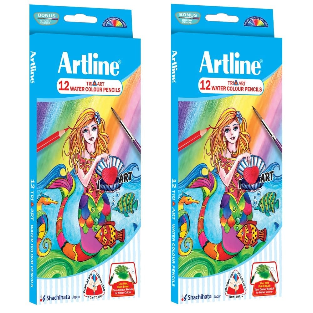 Artline Triart water colour Pencil Pack of 12 with brush in quanity 2 | Child Safe Pencil  Free From Harmful Phthalate