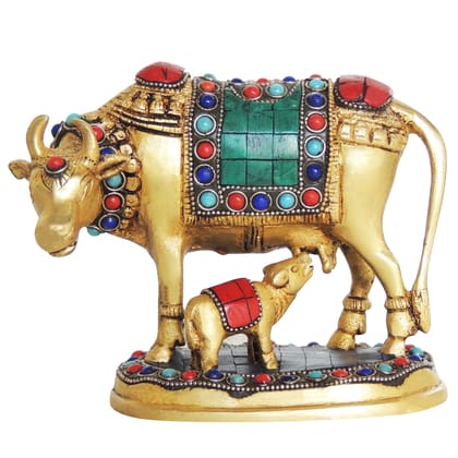 Brass Cow and Calf Stone Work Showpiece - Spiritual Gaye Bachdha Murti for Home & Office, Height : 5.5 Inch (BSMAS210)