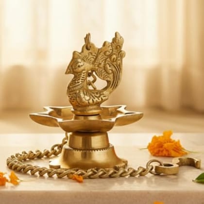 Sukh Sehaj Mayur Diya (Hanging)/Peacock Diya Hanging with Brass Chain, Deepak, Brass, Handcrafted, Antique Finish, Oil Lamp Home Temple, Decor, Pooja Ritual and Gifting,