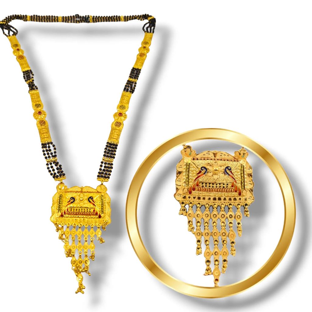 One-Gram Gold-Plated Black Bead Mangalsutra with Peacock Pendant