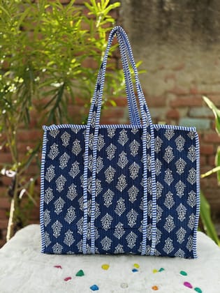 Handblock Printed Quilted Tote Bag with concealed zip ( 17x18x 6 inches)