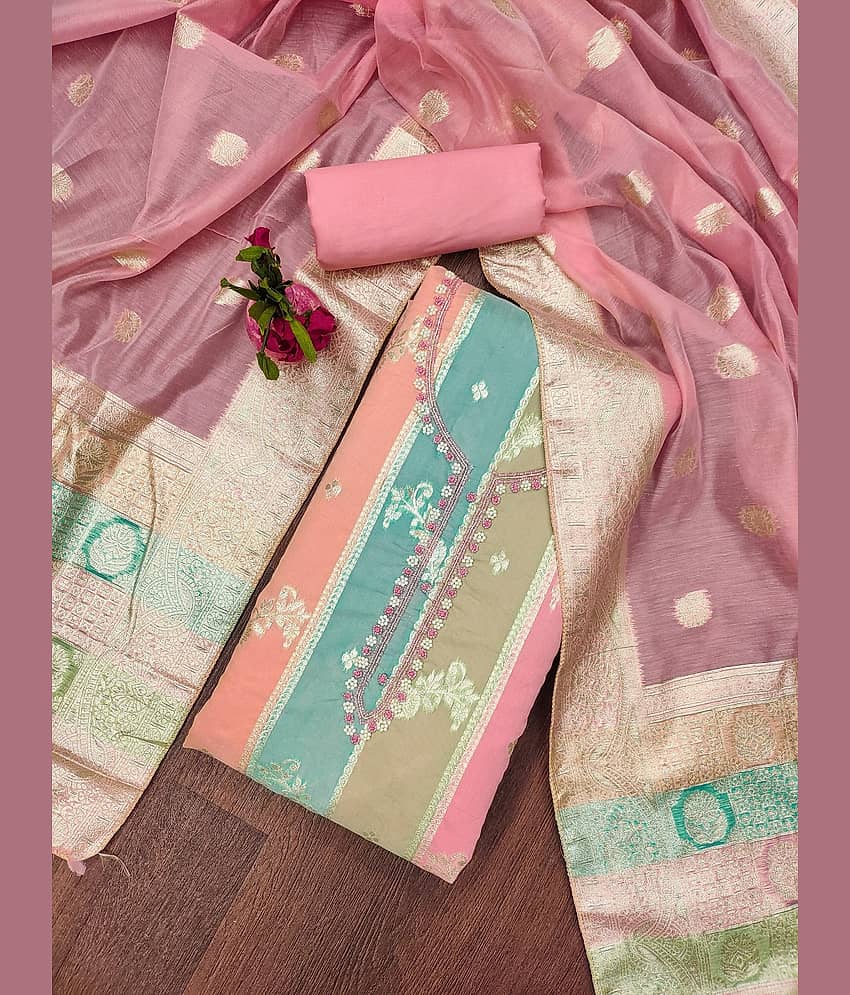 Rangtulika Ethnics Unstitched Jacquard Applique Dress Material - Pink ( Pack of 1 )