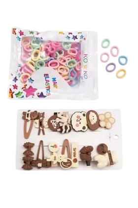 Combo of Cute Cartoon Hair Clips & Multicolored Elastic Hair Ties for Girls | Korean Style Tic Tac Pins & Rubber Bands Set | Daily Wear Kids Hair Accessories Pack