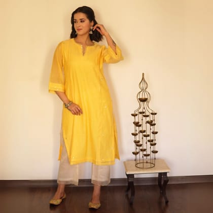 Yellow Chanderi Hand Embellished A-line Kurta-XS